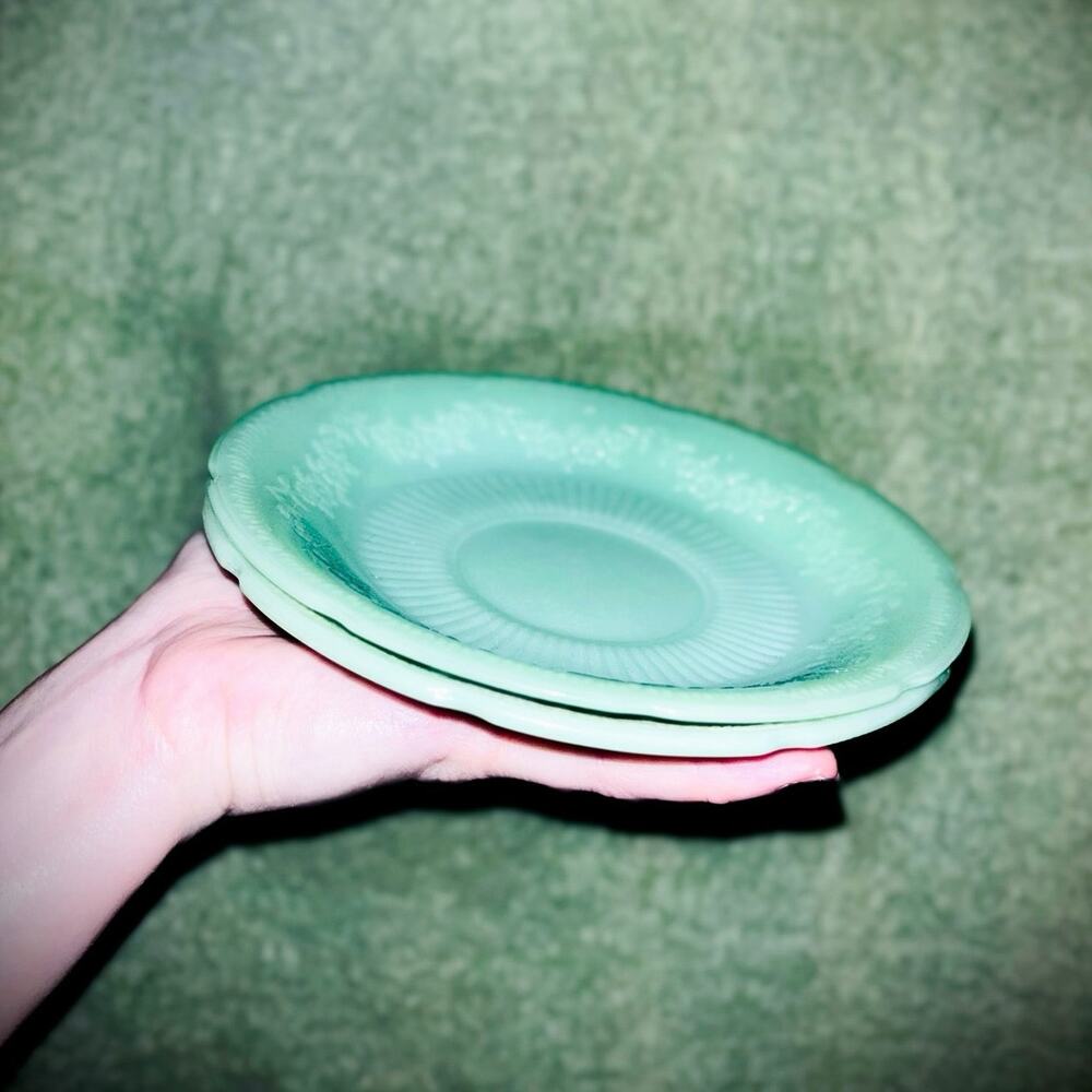 Set of (2) 40s Vtg Fire-King “Alice” Jadeite Saucers